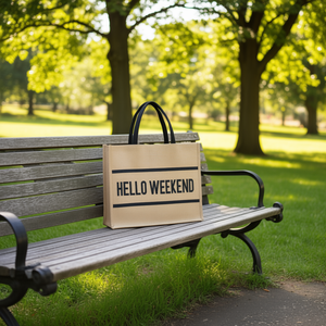 Hello Weekend Tote Bag Jute Material Black Handle 25411 Promotional Use - Product Image 2