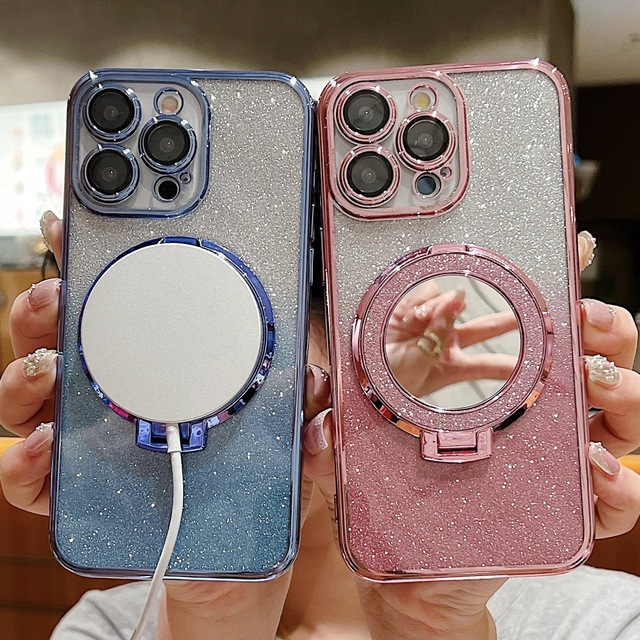 Luxury Wireless Charging Magnetic Glitter Phone Case With Mirror Holder Back Cover Case for iPhone 16 Pro Max 15 14 Plus