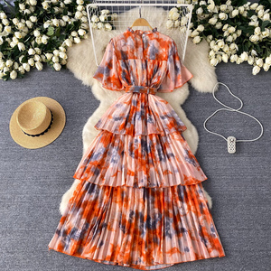 Túnica Vintage ajustada informal para mujer manga acampanada imperio impreso vestido de encaje con volantes rojo amarillo - Product Image 4