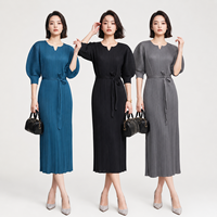 En stock, robe midi plissée élégante pour femme, à manches bouffantes, col montant, ceinturée, en crêpe tissé infroissable, taille unique, pour le bureau et les soirées