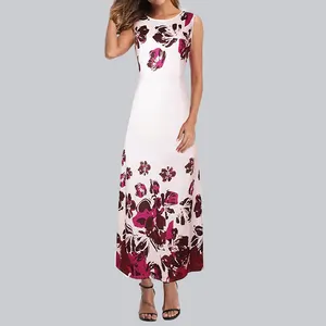 Spring O-neck Ladies Skirt Casual Polyester Custom Sleeveless Printing Big Hemline Fancy Long Dresses For Women