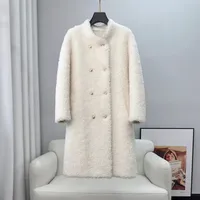 Abrigo de Piel de Oveja de Longitud Media para Mujer, Abrigo Holgado de Doble Botonadura de Lana de Cordero para Dama y Niña CT639