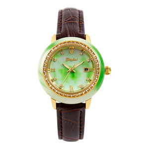 Montre de luxe pour homme en jade vert, lunette en cristal, bracelet en cuir, chiffres romains, quartz, étanche, personnalisable - Product Image 3