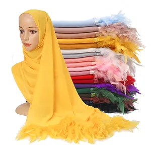 Nouvelle Mode Couleur Pure Plume Dentelle Hijab Confortable Respirant En Mousseline De Soie Dames Écharpe Hijab