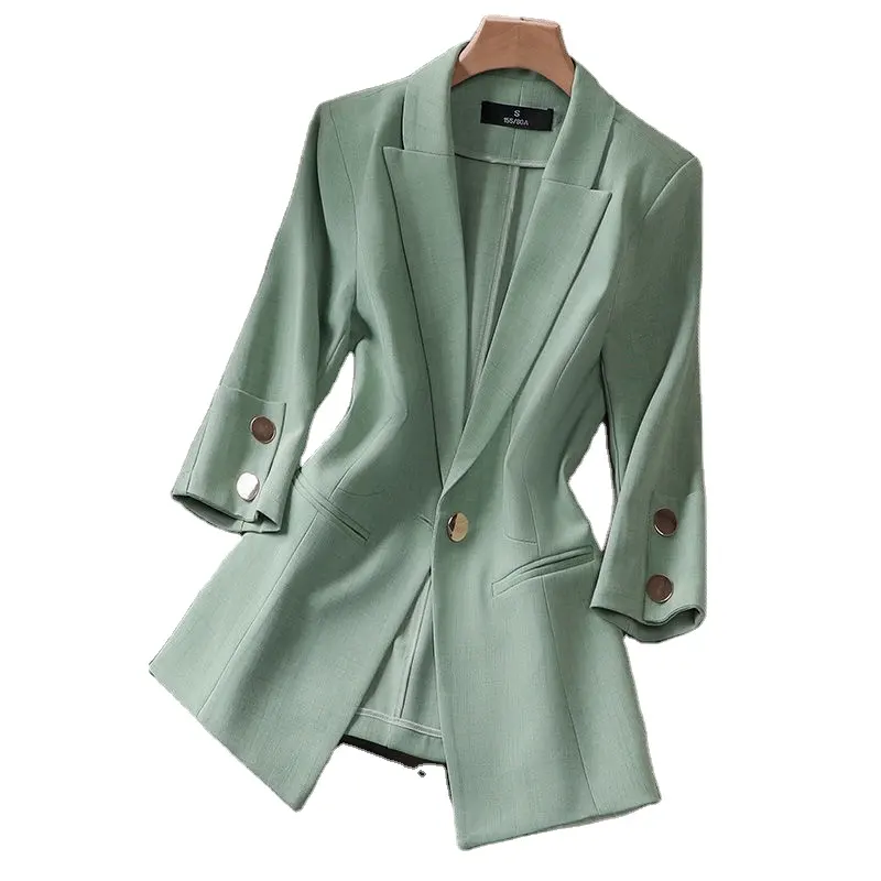 Summer Solid Color Elegant Green Blazer Casual Thin Women Jacket Women's Korean Style V-neck Office Lady Suit Coat
