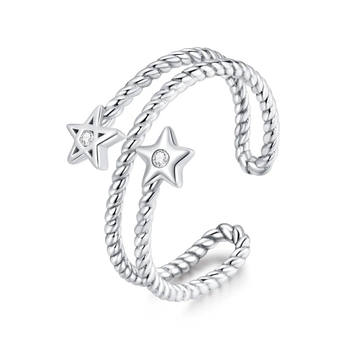 Fashion Simple S925 Silver Plated Platinum Double Star Opening Ring