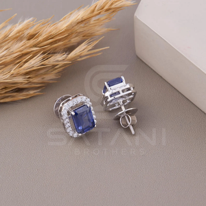Pendientes de Halo con Circonita Cúbica Azul Corte Esmeralda, Plata de Ley, Cierre de Rosca, Joyería Elegante y Brillante para Uso Diario y Ocasiones Especiales - Product Image 5