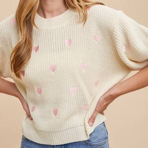 Женский зимний свитер с коротким рукавом, круглым вырезом, повседневный, из полиэстера/хлопка, с вышитым на груди логотипом в виде сердца, ручной вязки - Product Image 4