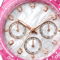 Montre chronographe analogique transparente rose personnalisée avec logo, directement de l'usine, pour femme, sport, quartz, bracelet en caoutchouc, strass, course automobile