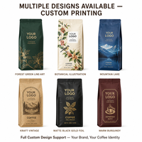 Sachet de café personnalisé à quatre soudures, qualité alimentaire, PET/AL/PE, fond plat à 8 côtés, fermeture éclair refermable, valve unidirectionnelle, 250g, pour grains entiers, OEM