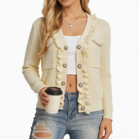 Cardigan en maille gaufrée pour femme, col en V, avec bordure à volants, boutons perlés, poches plaquées, poignets et ourlet côtelés, coupe classique, haut tricoté d'automne