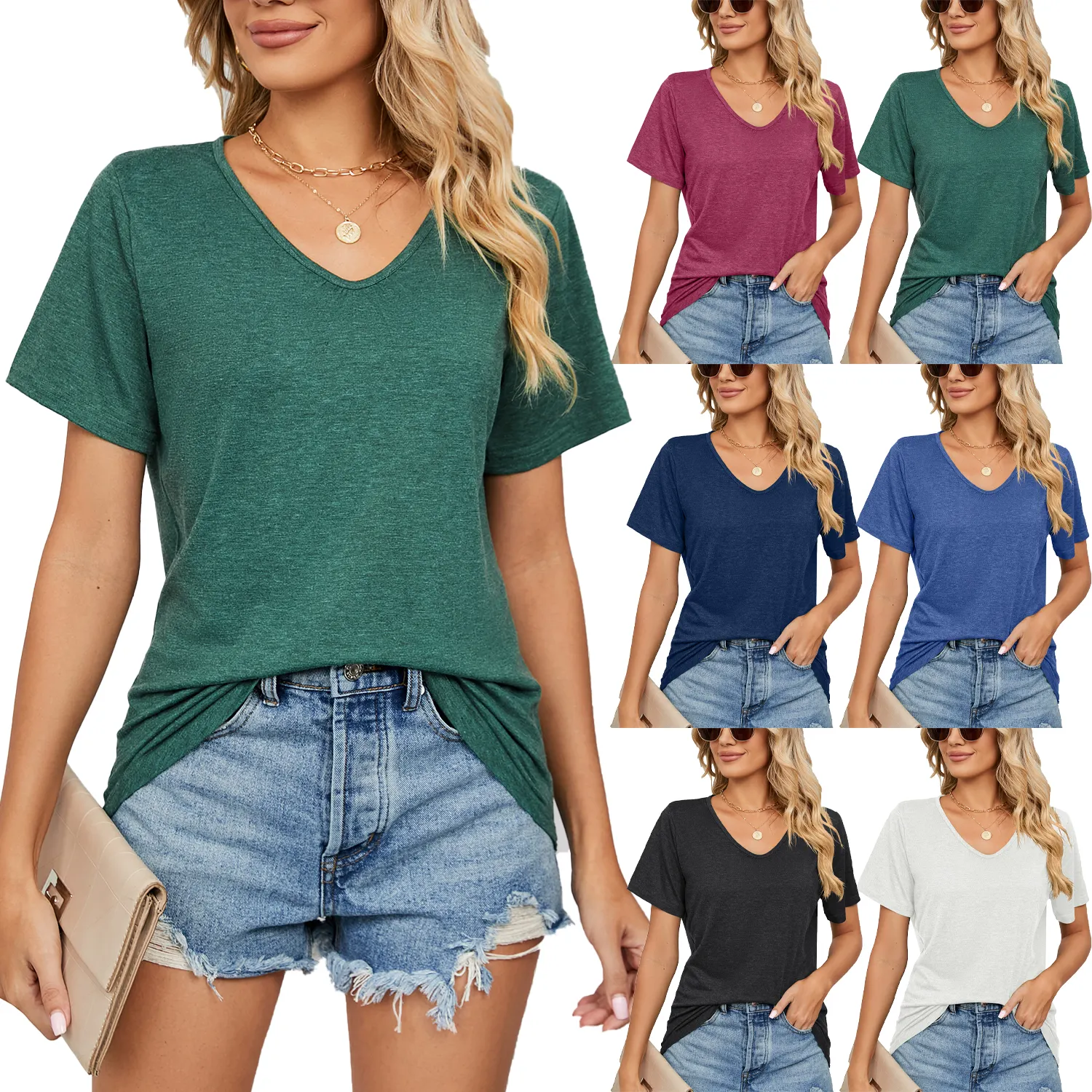 Großhandel Damen V-Ausschnitt T-Shirts lässig kurzärmelig lockere Blusen Sommer Oberteile einfache elegante Tunika Oberteile