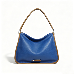 Bolso de hombro de cuero granulado azul, con asa superior de contraste color canela y correa cruzada desmontable - Product Image 1