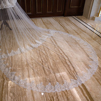 Voile de mariée long en ivoire LY-WV0043, 430 cm, avec dentelle brodée, paillettes et appliques en tulle doux, peigne de mariée
