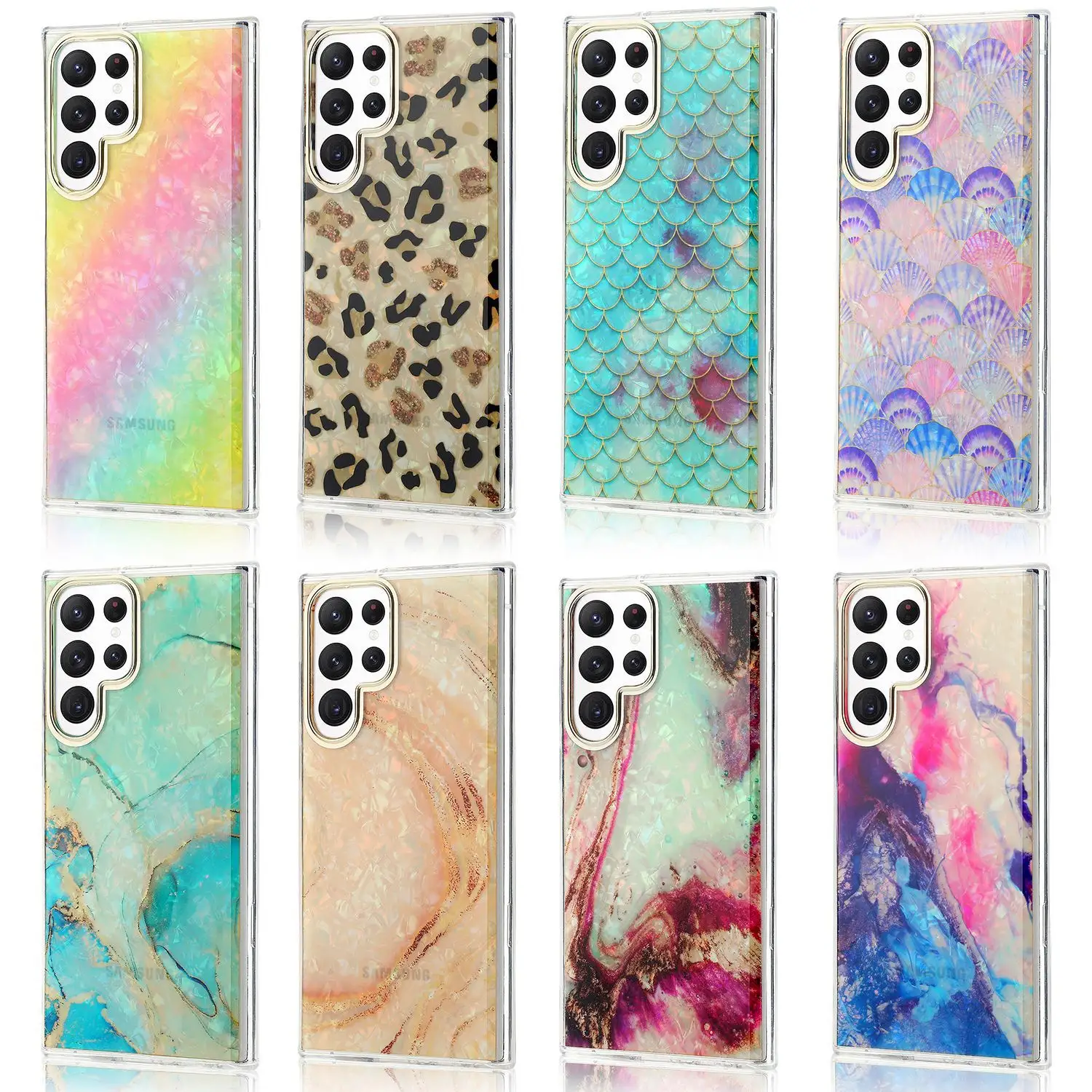 Women Girls Leopard Marble Shell Pattern Fish Scales Printed TPU Hybrid PC Back Cover Phone Case For Samsung Galaxy S22 Ultra For iphone 14 pro max