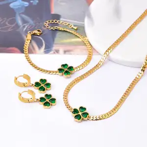 Atacado feminino esmeralda zircão coração trevo de quatro folhas colar pulseira brincos 18 k banhado a ouro conjunto de jóias de aço inoxidável