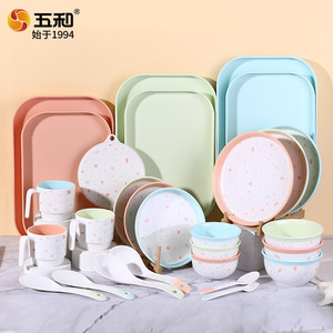 Wuhe Melamine Tableware Set 5 In 1 With Bowl <b>Plate</b> Spoon Fork For Daily Use Rectangular Design Polka Dots Pattern - Product Image 3