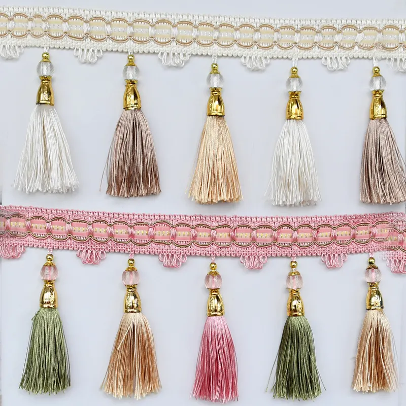 Sale pearl yellow tassel belt Carpet Knotted Tassel Fringe For dress saree curtain decoration