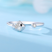 Anillo Abierto de Plata de Ley 925 con Baño de Rodio y Circonita, Diseño de Pez Globo, Venta de Fábrica