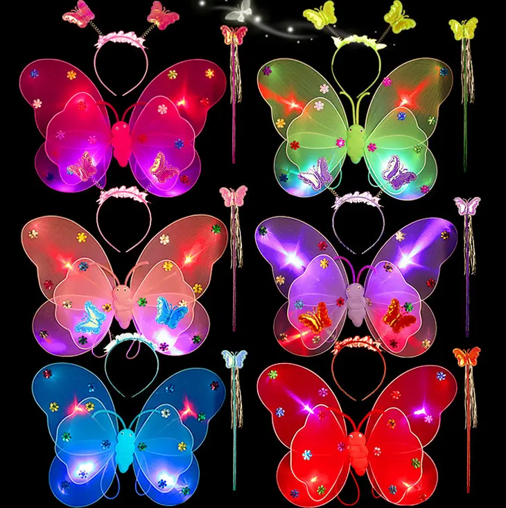 Alas luminosas de mariposa voladoras para Halloween, doble capa con luces, juguetes para niños, accesorios de disfraces de actuación