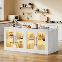 Îlot de cuisine moderne SENYU blanc avec portes en verre et éclairage interne, armoire en MDF pour rangement et présentation
