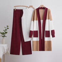 Ensemble trois pièces en laine pour femmes européennes et américaines : pull cardigan mi-long tricoté, pantalon large