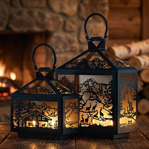 Decorative Metal <b>Lantern</b> <b>Set</b> with Mountain Wildlife Cutout Design Hanging Candle Holder for Home Décor and Outdoor Ambience Lamp - Product Image 3