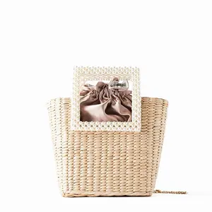 2024 bolso de playa hecho a mano de paja bolso de compras decorado con asa de perla