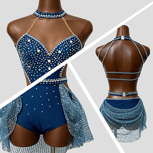 Justaucorps de danse moderne bleu profond orné de strass, col licou, pour femme, robe de danse jazz, costume de scène pour performance de danse de salon - Product Image 2