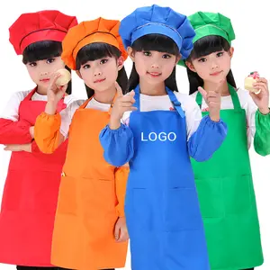 Su geçirmez mutfak önlük ayarlanabilir çocuk boyama pamuk pişirme çocuk önlüğü özelleştirilmiş çocuklar şef şapkası ve önlük W23-194