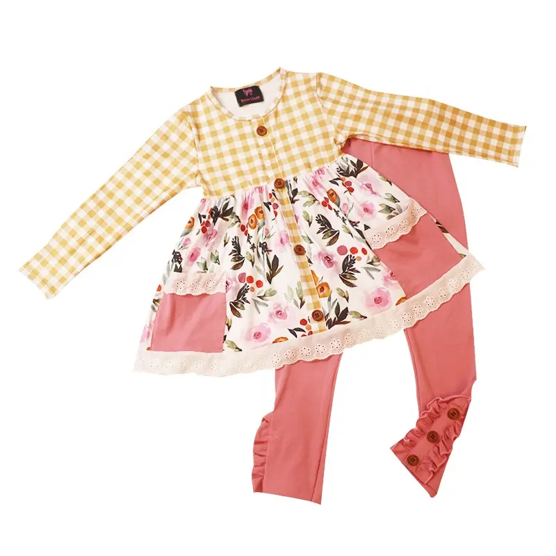 ブティックの女の子の春の衣装花柄のチュニックとフリルのレギンス甘い女の子の服セット新しいデザインの子供服