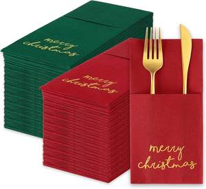 Serviette de <span class=keywords><strong>table</strong></span> jetable en <span class=keywords><strong>papier</strong></span> Airlaid rouge vert <span class=keywords><strong>pré</strong></span>-pliée avec poche Joyeux Noël - Product Image 1