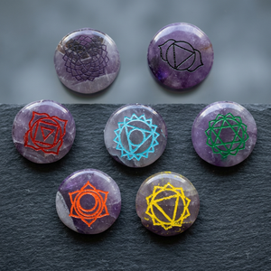 Amethyst <b>Chakra</b> Symbol Stones <b>Set</b> Handmade <b>Crystal</b> Reiki Healing Circle Shape Art Collectible Amethyst Engraved <b>Chakra</b> Symbol - Product Image 3