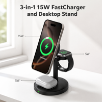 Support de charge magnétique pliable 3-en-1 15W avec PD Type-C pour téléphone portable, montre connectée et écouteurs