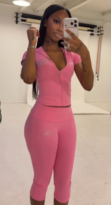 Custom <strong>Rhinestone</strong> Logo Women Short Sleeve with Foldover Capri Legging Set Crop Top <strong>Jacket</strong> Women's Summer 2 Piece Short Sets - Product Image 2