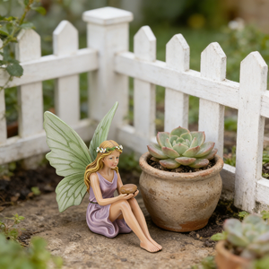 Incantevole Statua di Fata Viola, Statuetta di Fata con Ali Verdi per Paesaggi Esterni, Scultura Magica di Ragazza della Foresta per Decorazioni Domestiche - Product Image 3