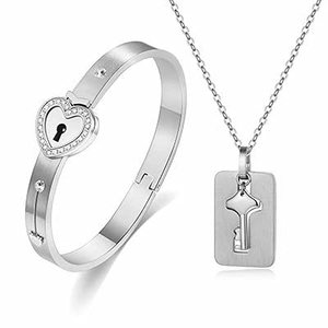 Couple <b>Love</b> Lock Stainless Steel <b>Bracelet</b> And Necklace Set With Key Pendant Unisex Gift Jewelry - Product Image 3