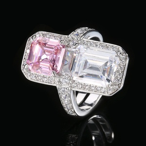 Bijoux de mode écologiques en cuivre, anneau à double pierre en zircon rose et bleu taille émeraude 8*10mm et 8*8mm pour femmes - Product Image 5
