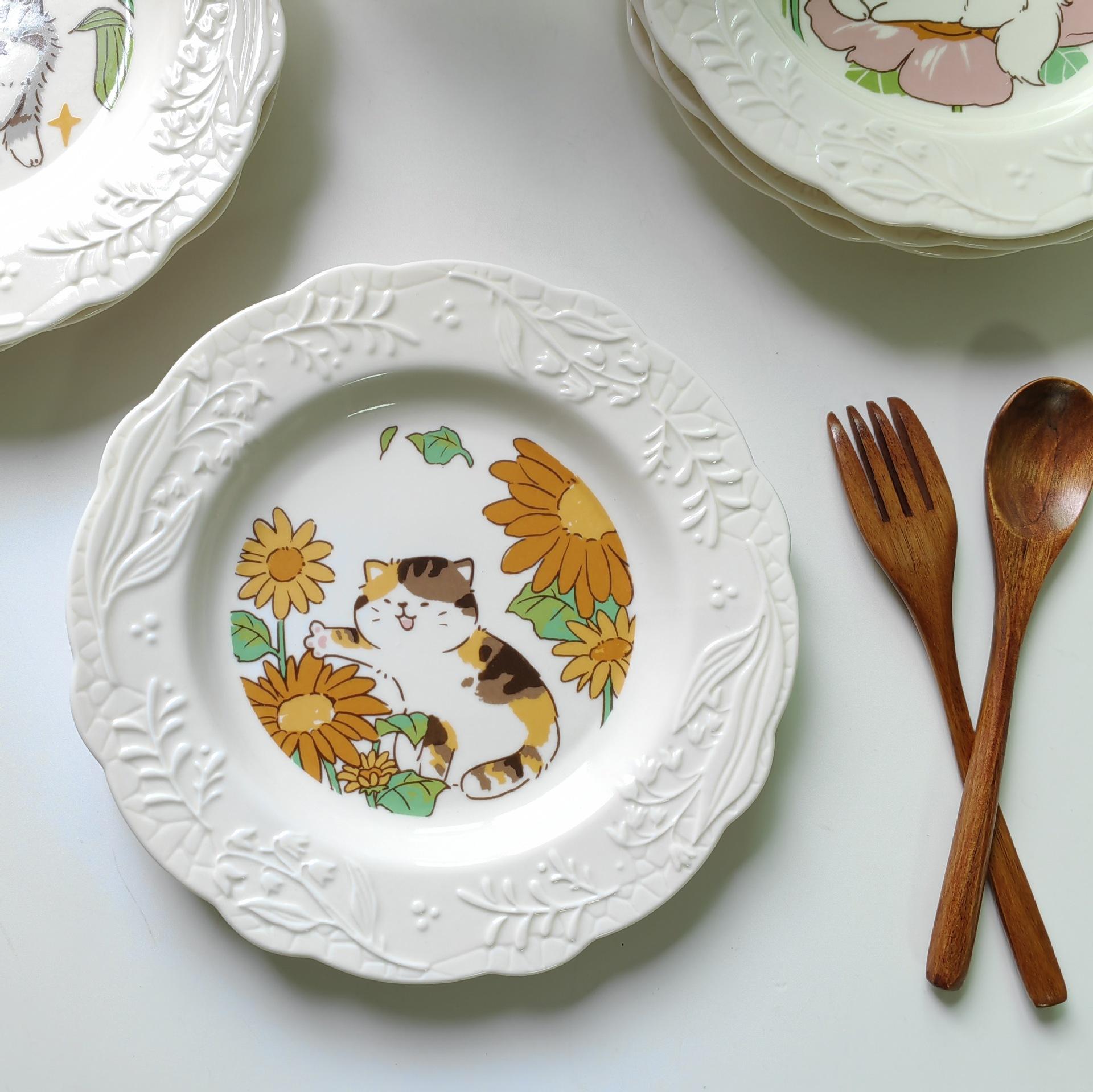 Lelyi Household Embossed Vintage Cartoon Cat Ceramic Dinner Plate