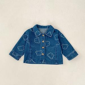 Printemps automne enfant en bas âge unisexe denim tête d'ours imprimé pantalon + revers cardigan bébé vêtements costume - Product Image 3