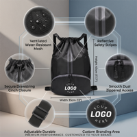 Mochila Deportiva Ligera Unisex con Cordón, Impermeable, de Poliéster Negro Personalizada, con Compartimento para Zapatos, para Natación y Fútbol
