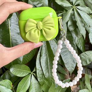 Para AirPods Pro/1/2/3 Funda de lazo verde con cadena de perlas Diseño elegante Cubierta protectora de TPU suave - Product Image 3
