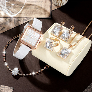 Conjunto de Reloj para Mujer Más Vendido, Reloj de Cuarzo con Correa de Cuero PU Azul y Joyería de Cristal Cuadrada, Conjunto 5 en <span class=keywords><strong>1</strong></span>, Proveedor - Product Image 1