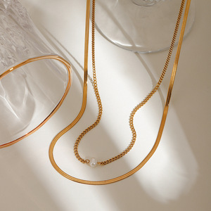 Collar de Cadena Doble con Perla, Acero Inoxidable 18K, Joyería de Moda Unisex - Product Image 3