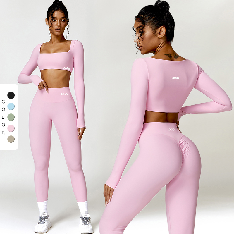New Solid Breathable Yoga Set High-waisted Quick-drying Soft Leggings Long Sleeve Running Sports Fitness Wear Two-piece Suit