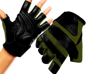 Fingerless Sport, Gym, Cycle Gloves Black Olive Green Leather Unisex Fitness Workout Sports Gloves All Seasons - Product Image 1