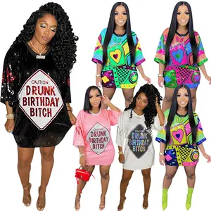 CY9984 its my birthday Sequin t shirt dress Party Club dress Oversize bling Short Sleeve Casual dresses