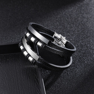 Nuovo <span class=keywords><strong>Bracciale</strong></span> in Pelle Fatto a Mano per <span class=keywords><strong>Uomo</strong></span>, Design Geometrico Multistrato <span class=keywords><strong>Intrecciato</strong></span> con Chiusura in Acciaio Inossidabile - Product Image 4