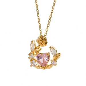 Collier pendentif tendance en acier inoxydable plaqué or rose avec zircon rouge géométrique pour femme, chaîne de clavicule, bijoux - Product Image 4