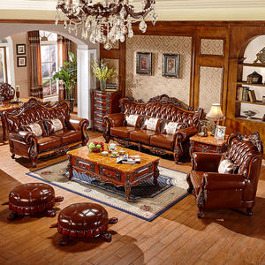 European-style Royal <b>Leather</b> Sofa Set Solid Wood Frame Carved <b>Chaise</b> <b>Longue</b> Wooden Living Room Sofa Couch For Home Hotel - Product Image 1